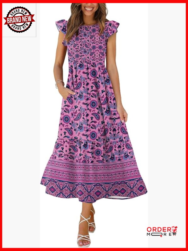 Women's Casual Maxi Dress With Pockets Ruffle Sleeve Smocked